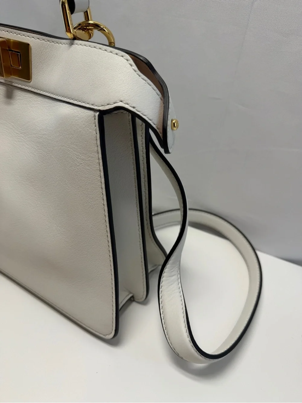 Fendi White Leather Top-Handle Satchel with Gold Hardware